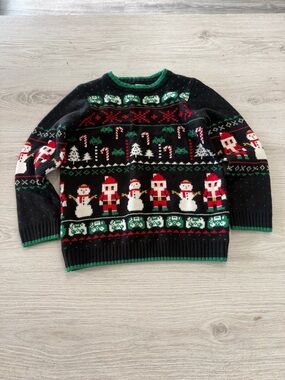 Holiday Time Black Crewneck Sweater with Red, Green and White Holiday Motifs